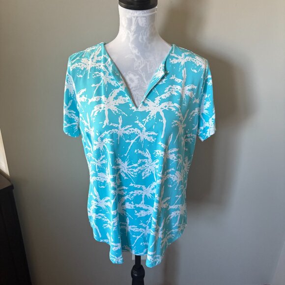 Lulu-B Womens Blue Palm Tree Print Athletic Top Golf Size Xlarge - Picture 2 of 5